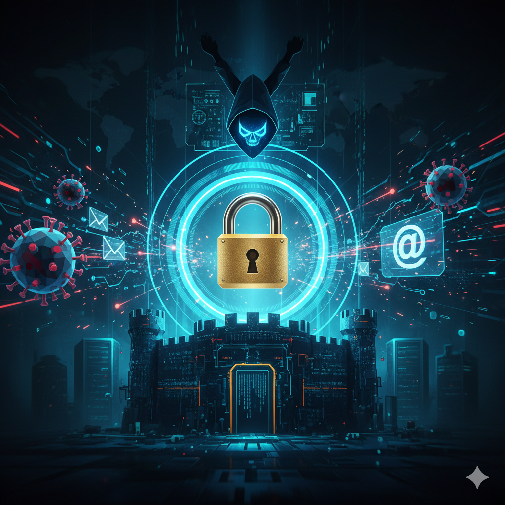 Illustration eines Schlosses, das digitale Daten schützt, umgeben von Cyber-Bedrohungen wie Viren, Phishing-E-Mails und Hackern.