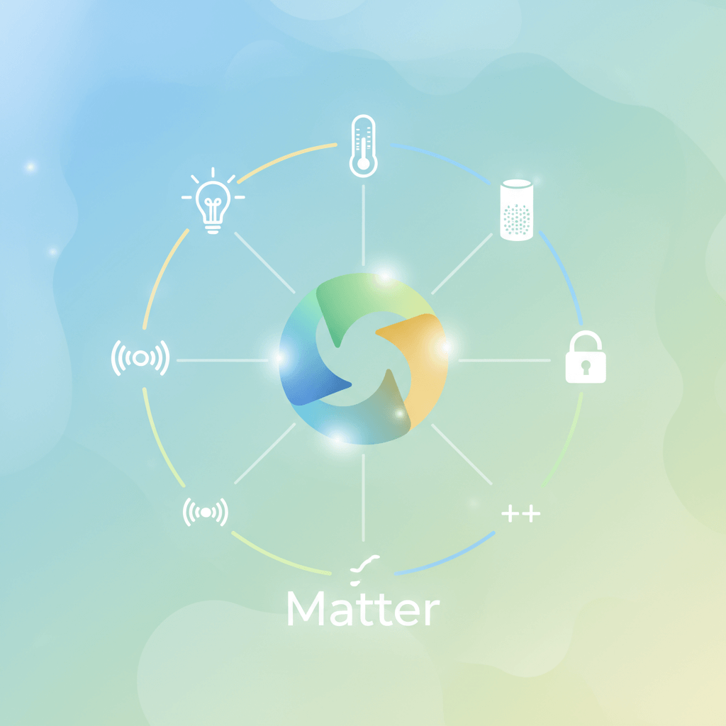 Matter Smart Home Standard Logo verbunden mit verschiedenen Smart Home Geräten